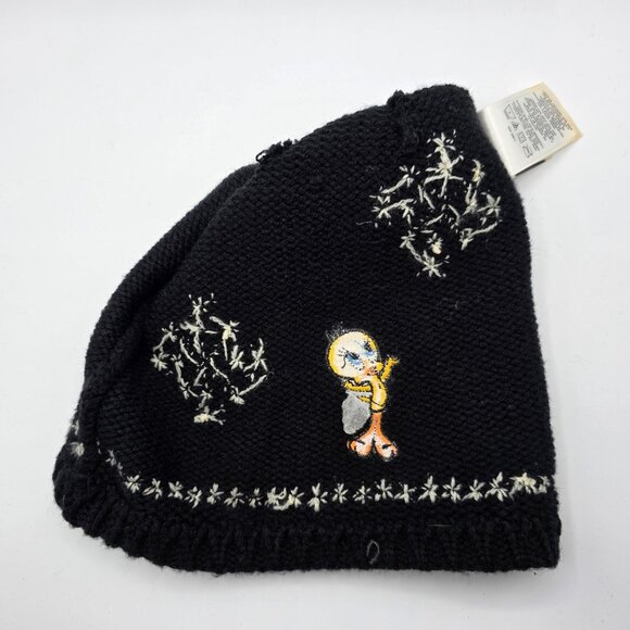 Vintage Warner Bros Tweety Bird Snowflake Acrylic Beanie Hat Black Winter Warm